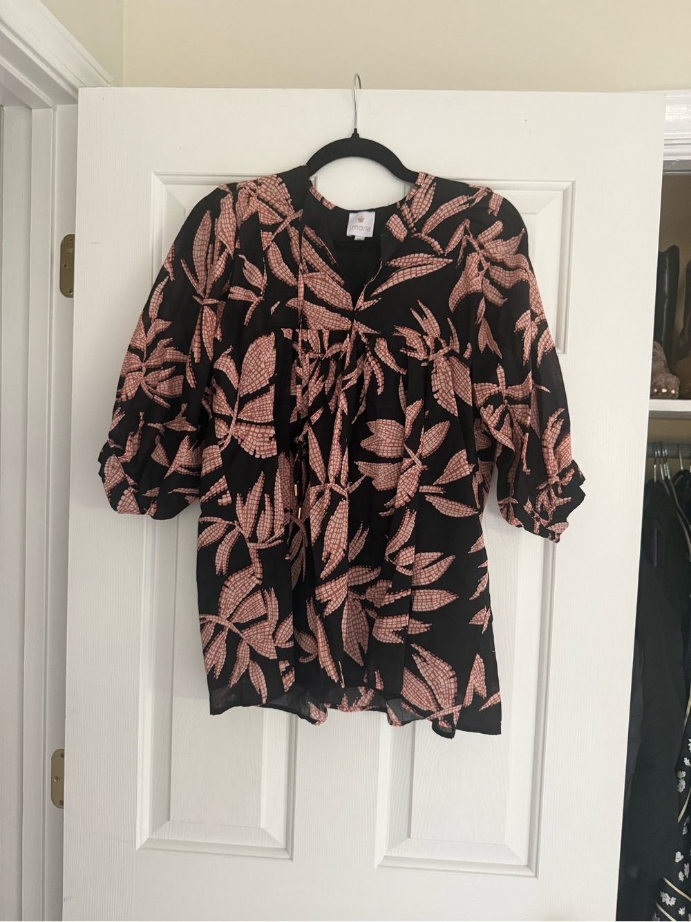 Women's Black Blouse with Pink Leaf Print and Puff Sleeves
